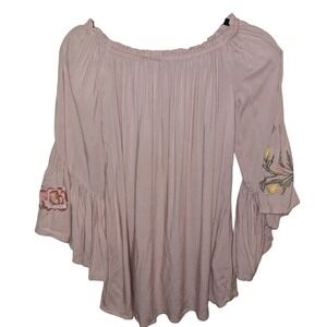Feathers Pink Off Shoulder Bell Sleeve Embroidered Rayon Blouse Top Size Small